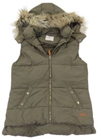 Tmavokhaki prošívaná šusťáková zateplená vesta s odepínací kapucí s kožešinou H&M