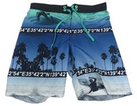 Tyrkysovo-modré plážové kraťasy s palmami a surfařem H&M