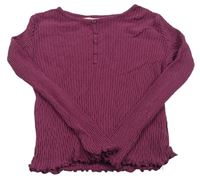 Vínové perforované žebrované triko s knoflíky H&M