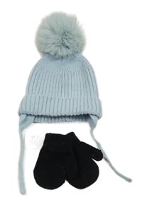 2set - Světlemodrá žebrovaná pletená čepice s bambulí + černé pletené prstové rukavice