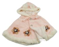 Růžovo-smetanové kožešinové pončo s květy a kapucí s oušky