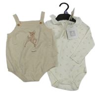 Nové - 2set - Smetanové květované body s volánkem + světlebéžové perforované pletené laclové kraťasy s Bambim Disney