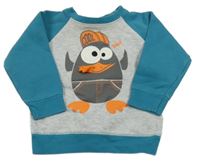 Šedo-petrolejová mikina s tučňákem