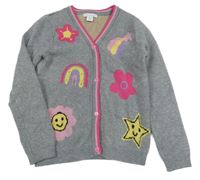 Šedý melírovaný propínací svetr s obrázky Primark