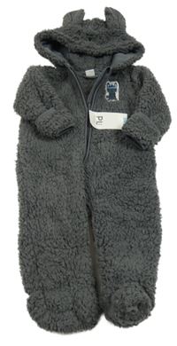 Nové - Tmavošedá huňatá kombinéza s králíkem a kapucí