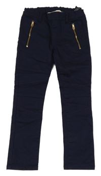 Tmavomodré plátěné elastické kalhoty se zipy H&M