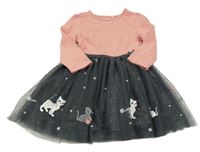 Starorůžovo-antracitové bavlněno/tylové šaty s puntíky a kočkami Topolino