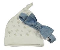 2set - Smetanová bavlněná čepice s příšerkami + modrá čelenka riflového vzhledu s mašlí