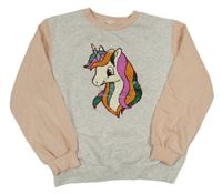 Šedo-meruňková mikina s jednorožcem z flitrů H&M