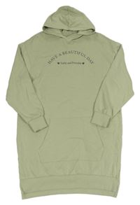 Světlezelené teplákové šaty s nápisem a kapucí manguun