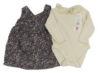 Nové - 2 set - smetanové žebrované body s madeirou + tmavomodré květované manšestrové šaty F&F