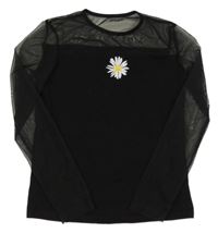 Černé triko s kopretinou a tylovými rukávy shein