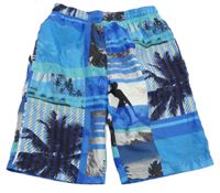 Modro-tmavomodré plážové kraťasy s palmami 