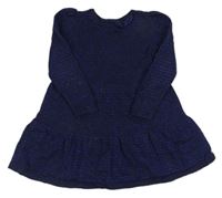 Tmavomodro-třpytivé pruhované svetrové šaty s mašlí H&M
