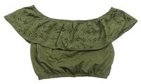Khaki crop top s volánkem a madeirou Primark