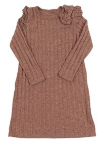 Růžové melírované žebrované úpletové šaty s mašlí