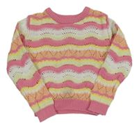 Růžovo-bílo-žluto-barevný pruhovaný perforovaný svetr Primark