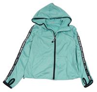 Tyrkysovo-černá melírovaná propínací sportovní mikina s nápisy a kapucí H&M