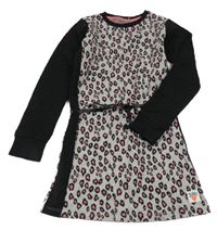 Černo-šedo-neonově růžová úpletová šatová tunika s leopardím vzorem 