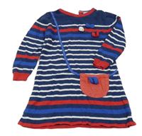 Tmavomodro-bílo-červené pruhované svetrové šaty s kabelkou M&S