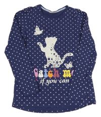 Tmavomodré květované triko s kočičkou a nápisy Kids