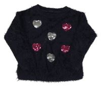 Tmavomodrý chlupatý svetr se srdíčky z flitrů Kiki&Koko