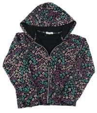 Černo-fialovo-růžovo-zelená propínací crop mikina s leopardím vzorem a kapucí 