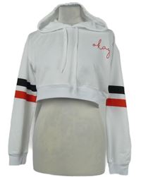 Dámská bílá crop mikina s pruhy a kapucí 