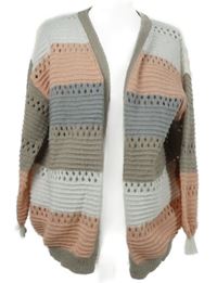 Dámský bílo-šedo-růžový pruhovaný ažurový svetrový cardigán