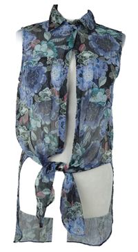 Dámská modro-zelená květovaná šifonová halenka s uzlem C&A