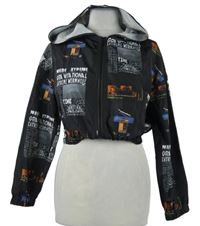 Dámská černá šusťáková crop bunda s potiskem a kapucí Shein 