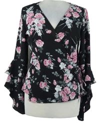 Dámská černá květovaná peplum zavinovací halenka Quiz 