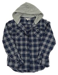 Tmavomodro-bílá kostkovaná flanelová košile s kapucí Kangaroo