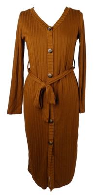 Dámské medové žebrované úpletové šaty s knoflíky a páskem F&F