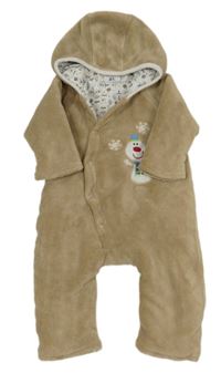 Béžová chlupatá zateplená kombinéza se sněhulákem a kapucí 