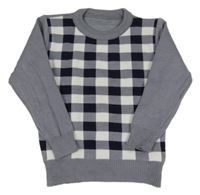 Šedo-bílo-tmavomodrý kostkovaný svetr 