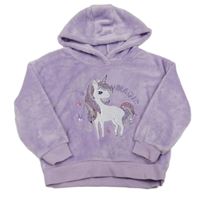 Lila chlupatá mikina s jednorožcem z flitrů a kapucí Primark
