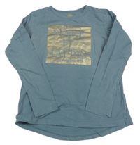 Šedomodré triko s nápisem a zlatým potiskem