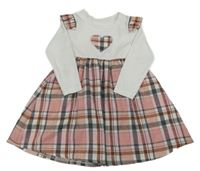 Bílé žebrované šaty se srdíčkem a kostkovanou sukní 