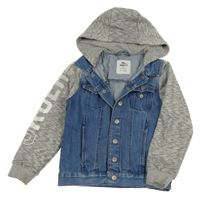 Modrá riflová bunda s šedo/bílými melírovanými teplákovými rukávy s nápisem a kapucí Pepperts!