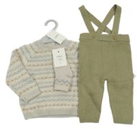 Nové - 3set - Šedo-barevný vzorovaný svetr + khaki pletené laclové tepláky + béžové ponožky M&S