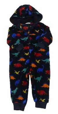 Tmavomodrá chlupatá kombinéza s dinosaury a kapucí zn. M&S