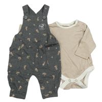 Nové - 2set - Šedé laclové tepláky se zajíčky + pruhované body Next