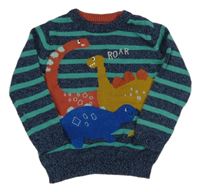 Tmavomodro-zelený pruhovaný svetr s dinosaury Nutmeg