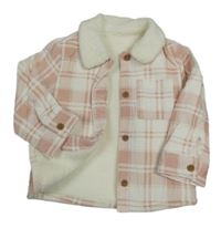 Světlerůžovo-bílá kostkovaná manšestrová zateplená bunda Tu