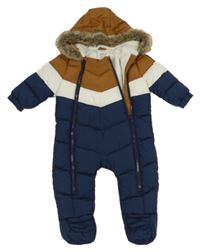 Tmavomodro-bílo-béžová šusťáková prošívaná zimní kombinéza s kapucí F&F