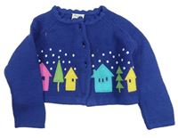 Tmavomodrý propínací svetr s domečky a stromečky frugi
