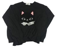 Černý melírovaný svetr s kočičkou s flitry a třpytkami a volánky H&M