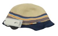 Nové - béžovo-tmavomodrý slaměný klobouk s pruhy Tu