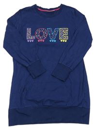 Tmavomodré teplákové šaty s nápisem a srdíčky a kapsou bpc